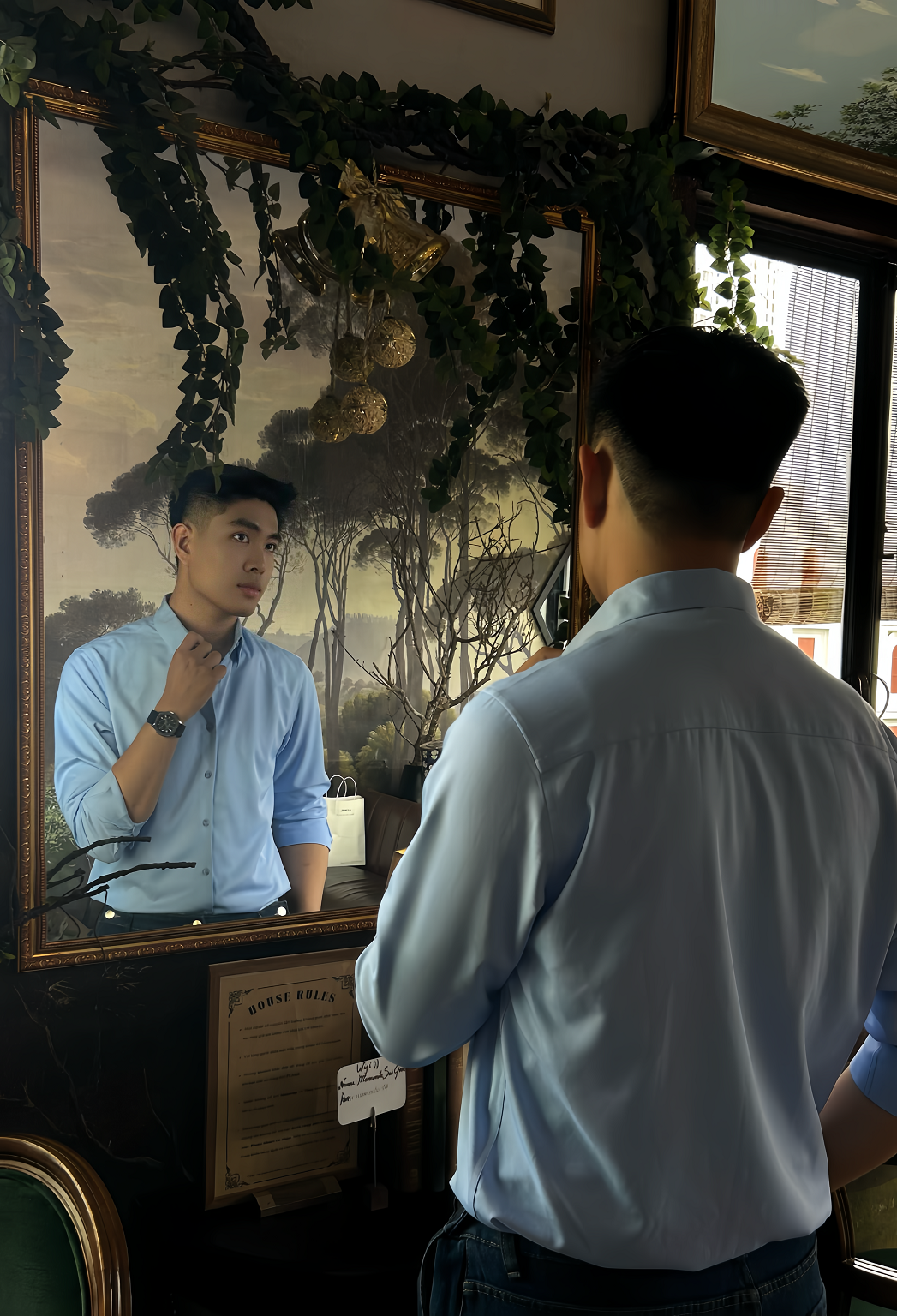Một chàng trai mũm mĩm đang tự tin kiểm tra lại bộ trang phục gọn gàng của mình trước gương